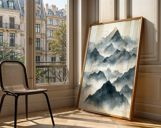 Minimalist Mountain Wall Art Torn Paper Watercolor Canvas Print — Scandinavian-inspired artwork shows layered peaks breaking through torn paper edges for clean home aesthetics