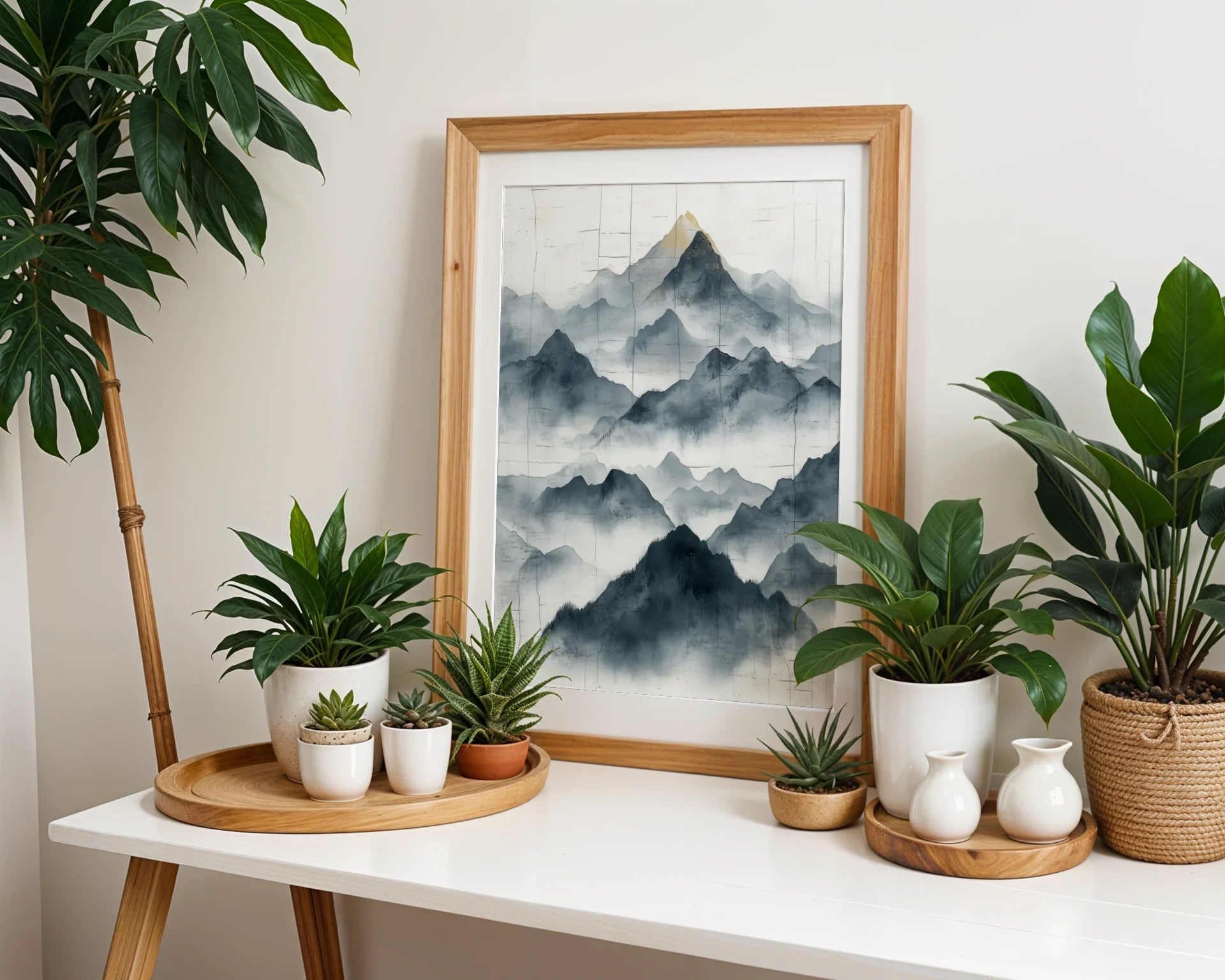 Minimalist Mountain Wall Art Torn Paper Watercolor Canvas Print — Understated wall piece displays floating ridges emerging from paper cutouts in pared-down interior styling