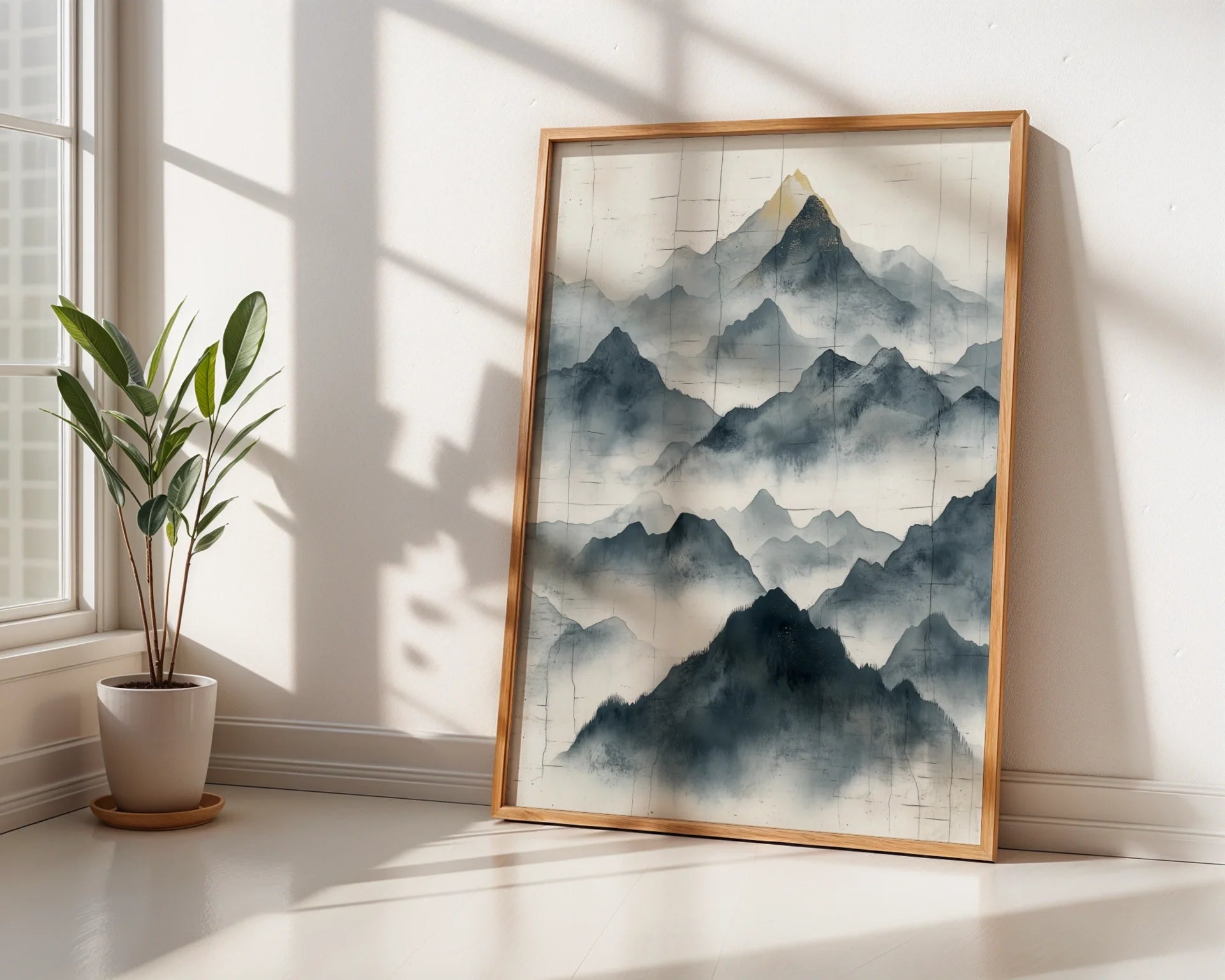 Minimalist Mountain Torn Paper Watercolor in room