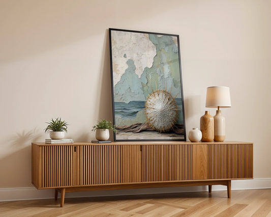 Sea Urchin Gold Spines Coastal Ruins Canvas Wall Art — Modern bohemian living room showcases canvas featuring mystical sea creature with luminous details