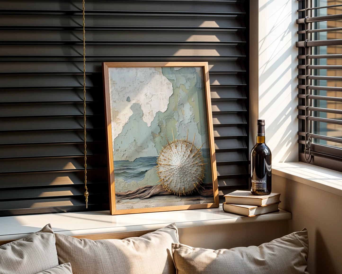 Sea Urchin Gold Spines Coastal Ruins Canvas Wall Art — Minimalist bedroom displays weathered ocean artwork with vintage maritime elements on neutral wall