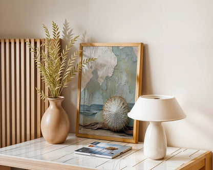Sea Urchin Gold Spines Coastal Ruins Canvas Wall Art — Contemporary space highlights canvas depicting mysterious marine specimen with metallic highlights