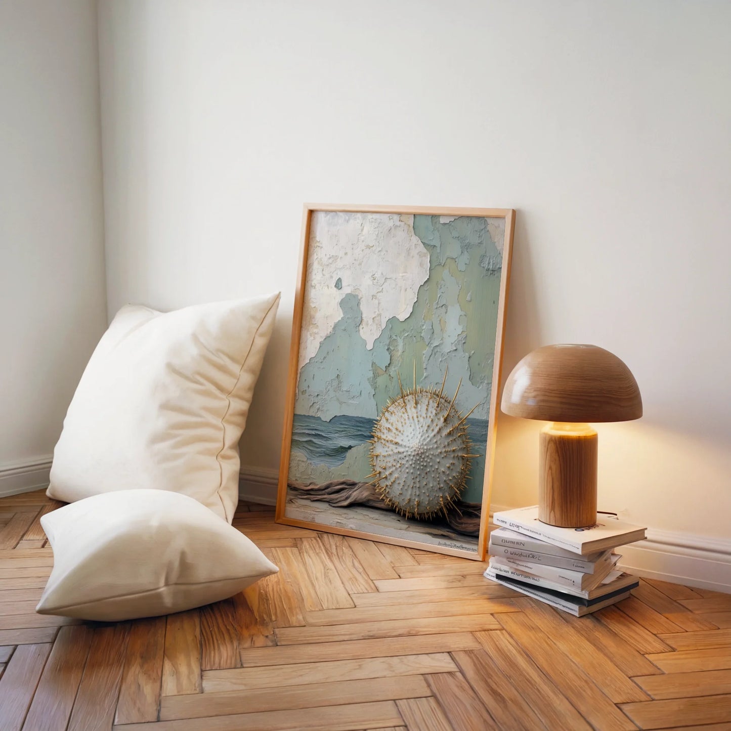 Sea Urchin Gold Spines Coastal Ruins Canvas Wall Art — Organic modern interior showcases deteriorating shoreline artwork with luxurious accents
