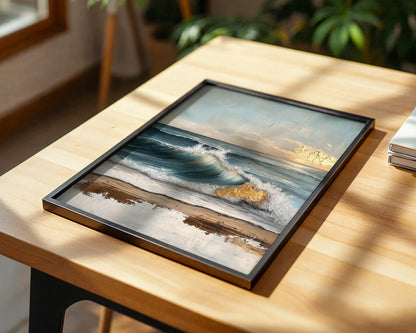 Ocean Wave Painting Textured Gold Accents Canvas Wall Art — Contemporary living room showcases abstract marine scene with foaming surf for minimalist interior design
