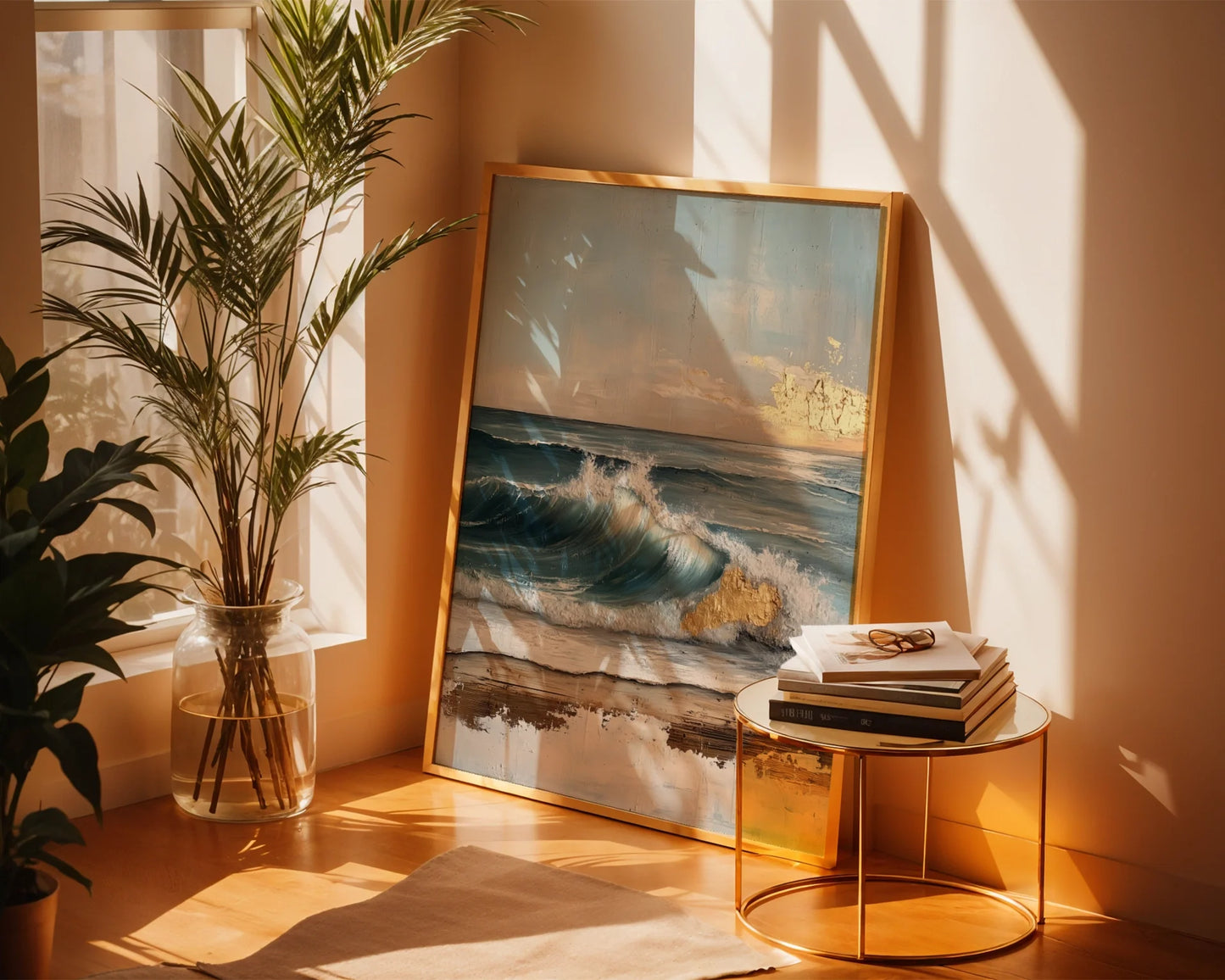 Ocean Wave Painting Textured Gold Accents Canvas Wall Art — Seaside-inspired canvas featuring crashing waves and golden rocks displayed in elegant home styling