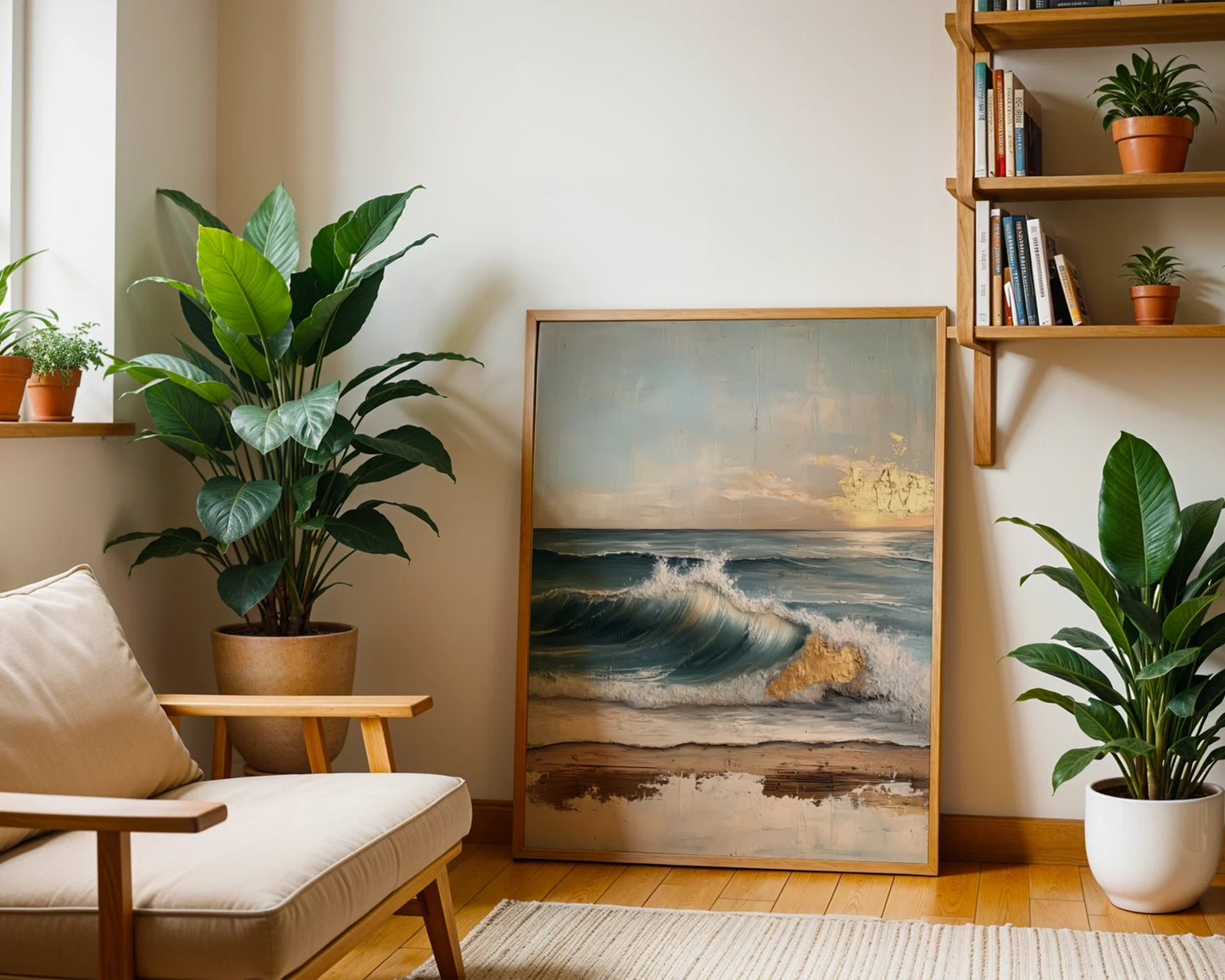 Ocean Wave Painting Textured Gold Accents Canvas Wall Art — Maritime-themed artwork with swirling water motion adds character to sophisticated room decor