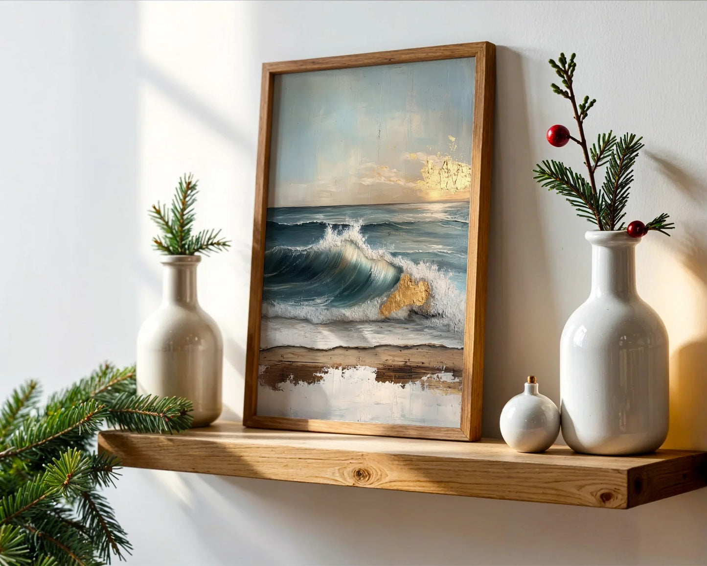 Ocean Wave Painting Textured Gold Accents in room