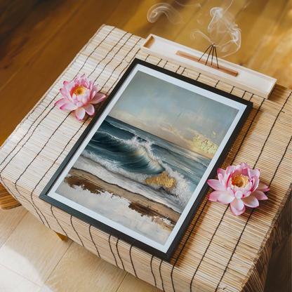 Ocean Wave Painting Textured Gold Accents Canvas Wall Art — Sage green waters and creamy foam tones create calming focal point in neutral room palette