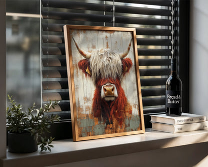 Highland Cow Art Farmhouse Barn Wood Canvas Wall Art — Modern living room showcasing agricultural cow print with barnyard aesthetic on neutral wall