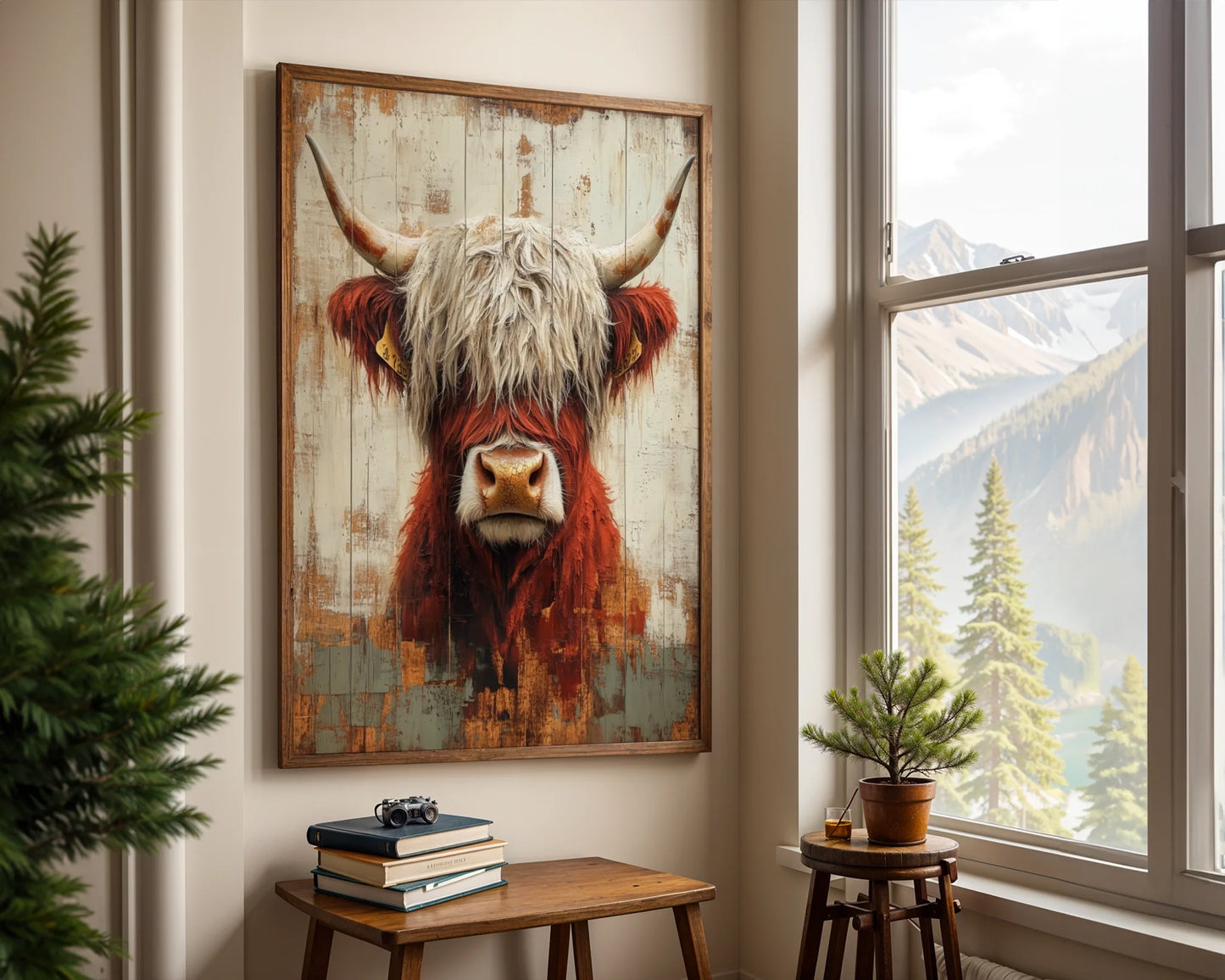 Highland Cow Art Farmhouse Barn Wood in room