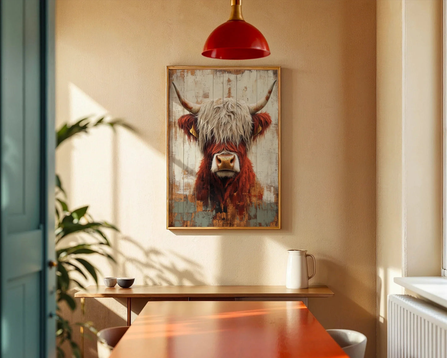 Highland Cow Art Farmhouse Barn Wood in room