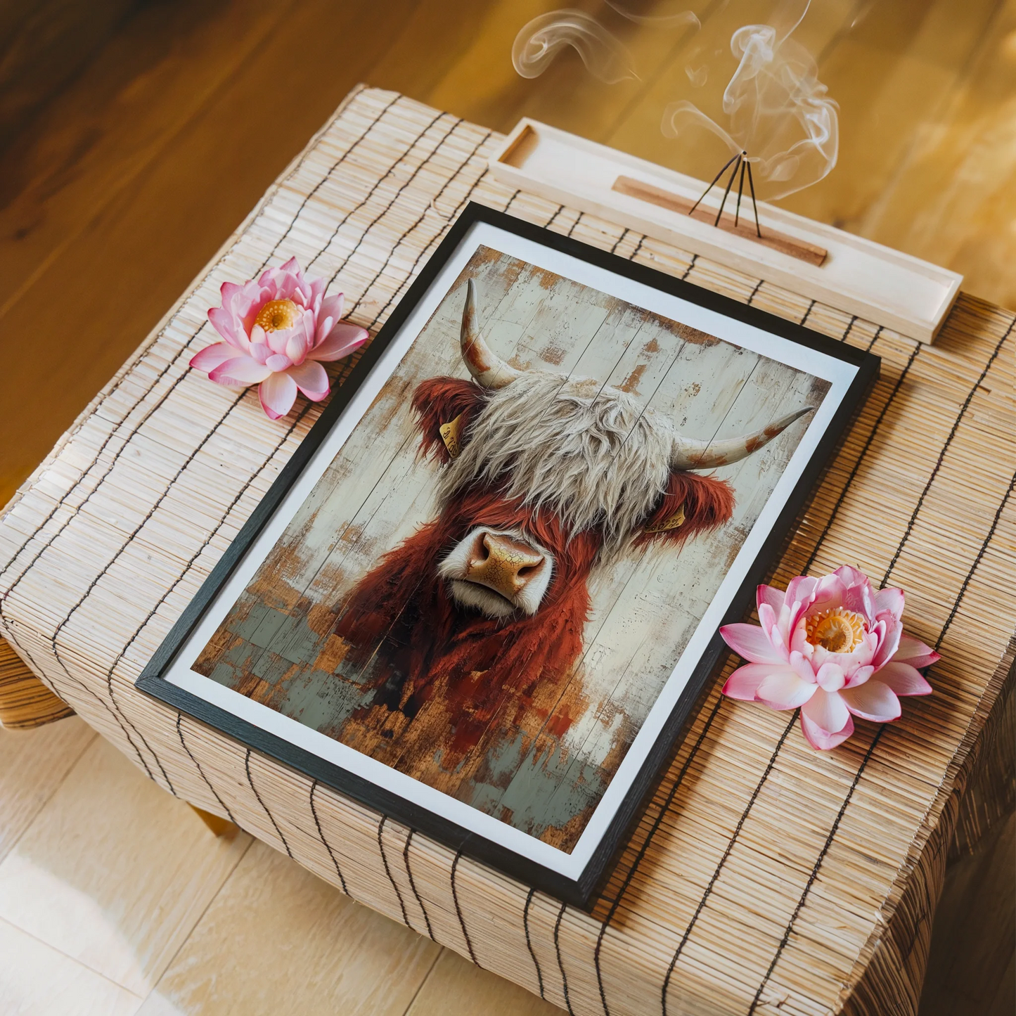 Highland Cow Art Farmhouse Barn Wood Canvas Wall Art — Vintage-inspired room featuring weatherproof cattle portrait with salvaged plank textures