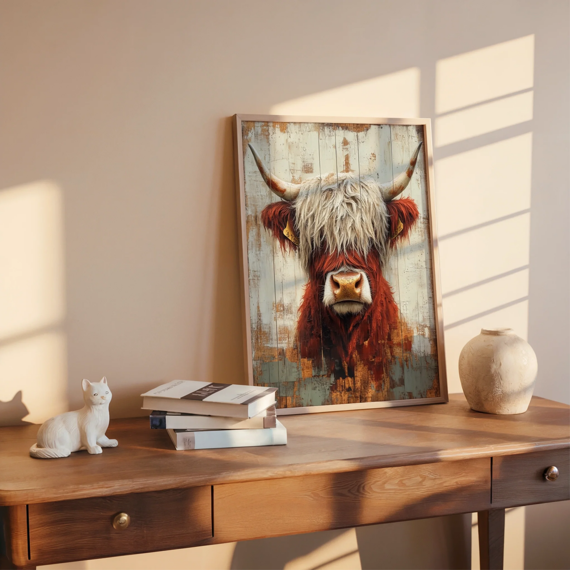 Highland Cow Art Farmhouse Barn Wood Canvas Wall Art — Burnt sienna tones blend with cream hues in textured livestock canvas for earthy interiors