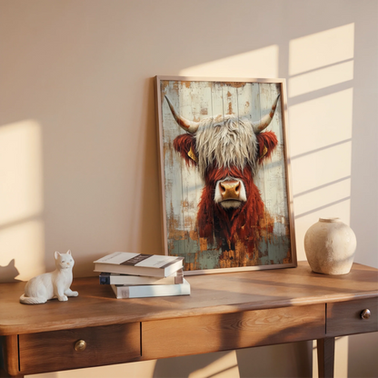 Highland Cow Art Farmhouse Barn Wood Canvas Wall Art — Burnt sienna tones blend with cream hues in textured livestock canvas for earthy interiors