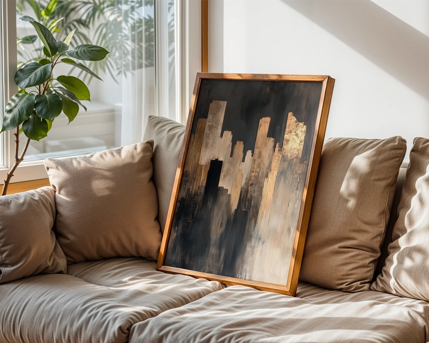 Industrial City Skyline Copper Textured Canvas Wall Art — Minimalist living room featuring weathered bronze towers emerging from smoky haze for modern home decor
