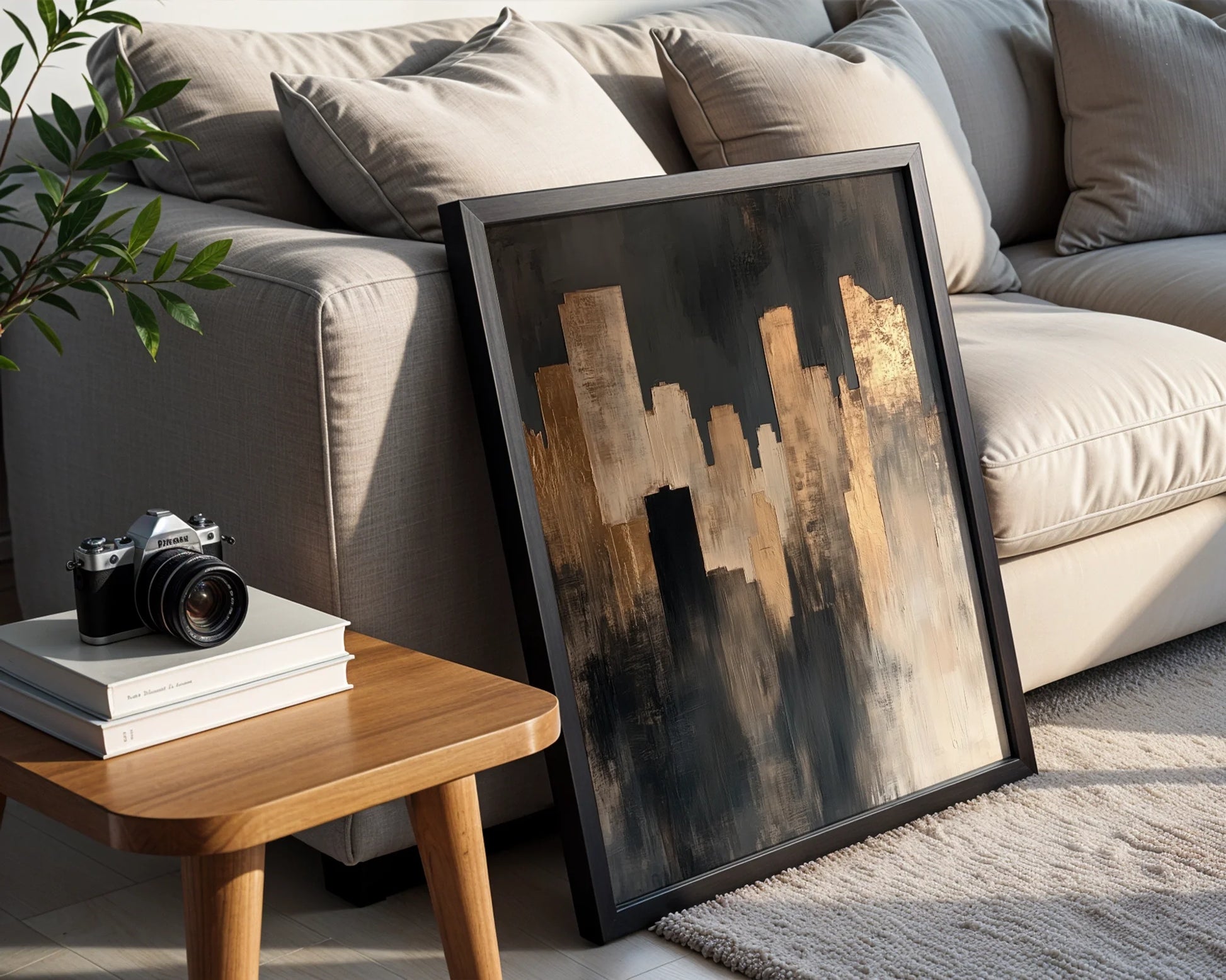Industrial City Skyline Copper Textured Canvas Wall Art — Oxidized metal landscape artwork mounted on cream wall creating dramatic focal point in contemporary setting