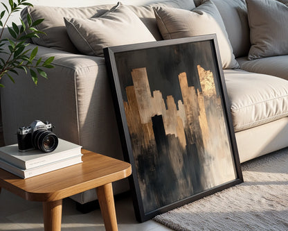 Industrial City Skyline Copper Textured Canvas Wall Art — Oxidized metal landscape artwork mounted on cream wall creating dramatic focal point in contemporary setting