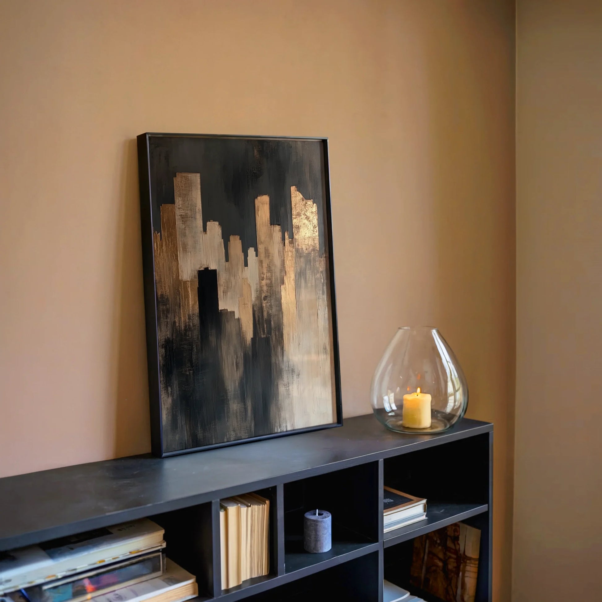 Industrial City Skyline Copper Textured Canvas Wall Art — High-end canvas showcasing carved building forms rising through industrial fog for sophisticated spaces