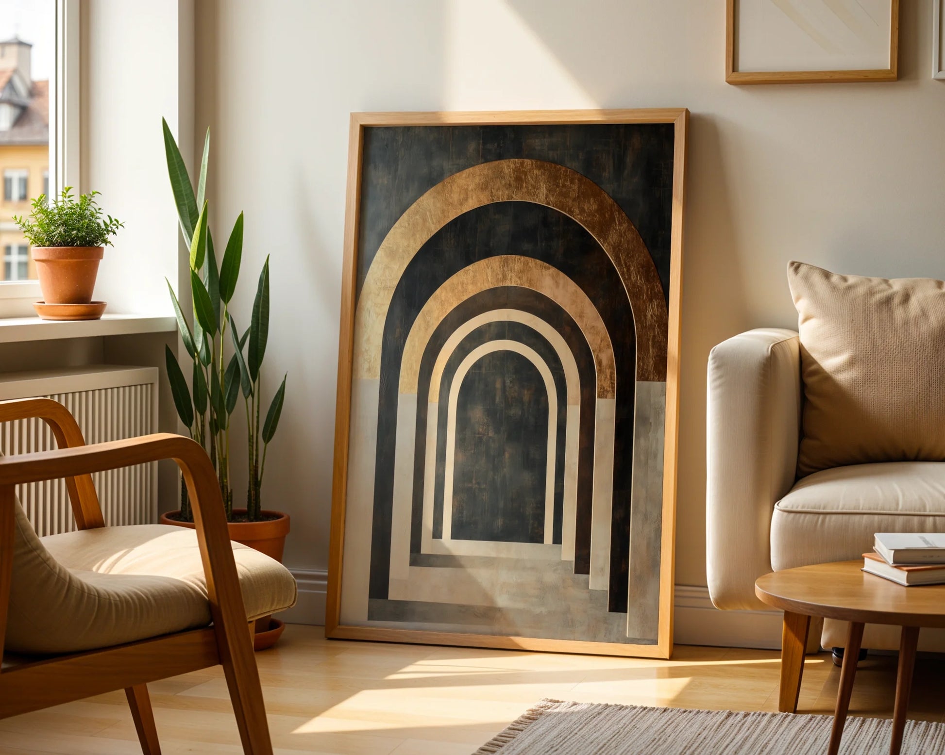 Architectural Archway Canvas Wall Art Copper Limestone Tunnel — Sophisticated hallway artwork featuring vanishing stone corridors in rich bronze tones for upscale interiors