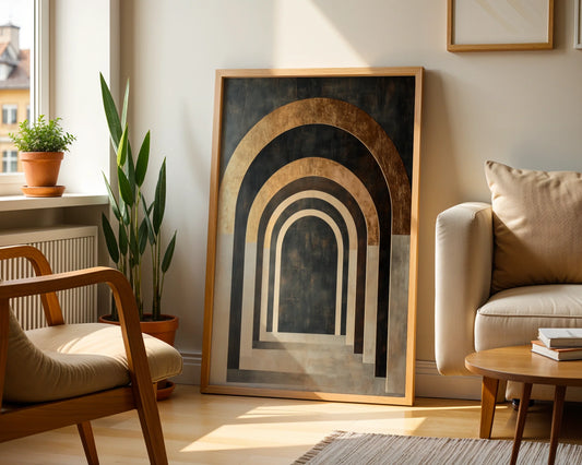 Architectural Archway Canvas Wall Art Copper Limestone Tunnel — Sophisticated hallway artwork featuring vanishing stone corridors in rich bronze tones for upscale interiors