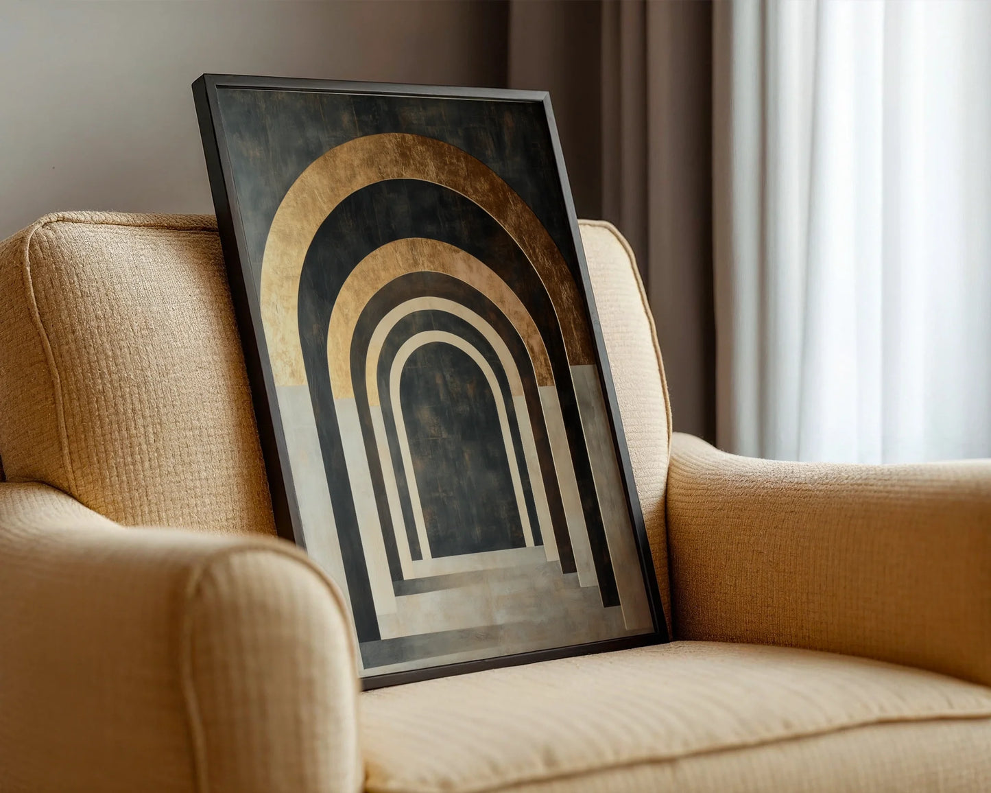 Architectural Archway Canvas Wall Art Copper Limestone Tunnel — Minimalist corridor print showcasing geometric stone passages mounted in clean Scandinavian home setting