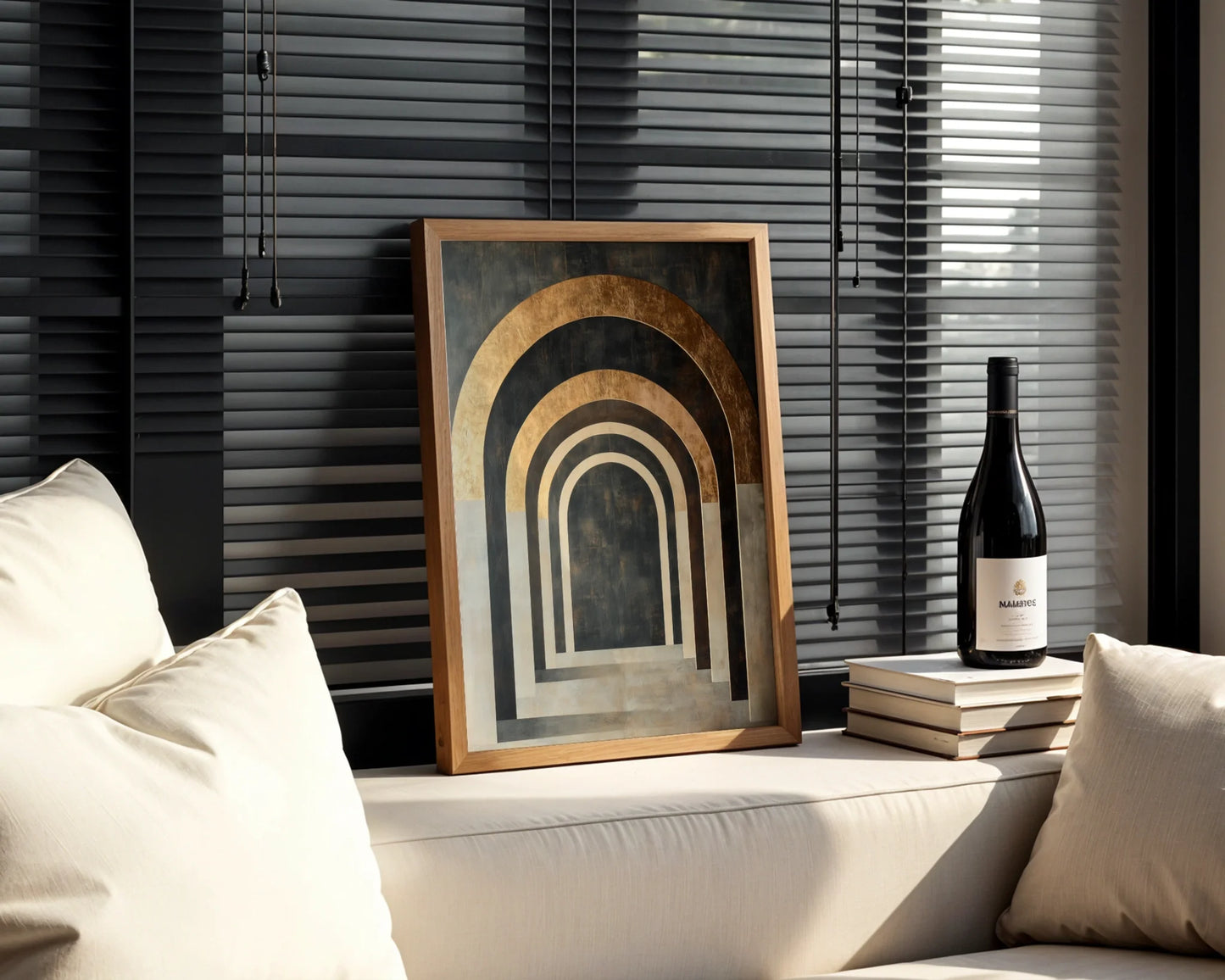 Architectural Archway Canvas Wall Art Copper Limestone Tunnel — Abstract stone gateway artwork in sandy neutrals perfectly styled for serene spa-inspired interiors