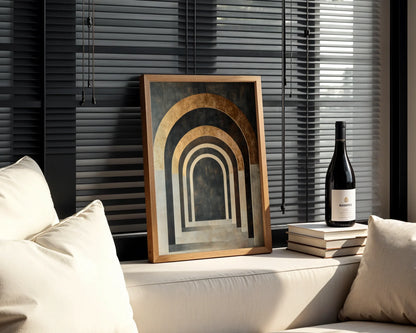 Architectural Archway Canvas Wall Art Copper Limestone Tunnel — Abstract stone gateway artwork in sandy neutrals perfectly styled for serene spa-inspired interiors