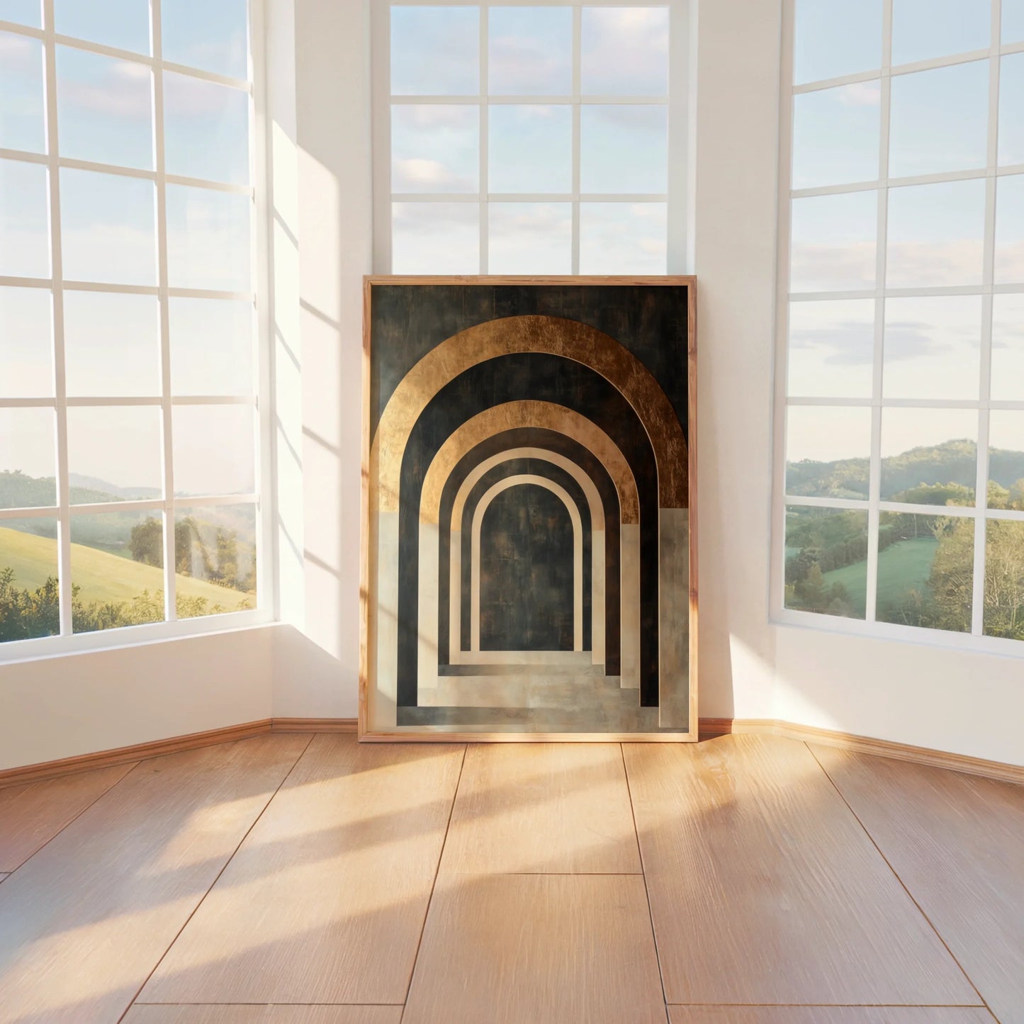 Architectural Archway Canvas Wall Art Copper Limestone Tunnel — Warm cognac-toned hallway print with creamy limestone textures styled in earth-tone interior design