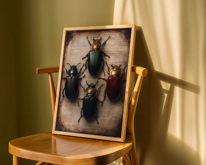 Entomology Art Dark Academia Beetle Manuscript Canvas Print — Scholarly insects displayed on aged parchment create moody intellectual atmosphere for dark academia decor
