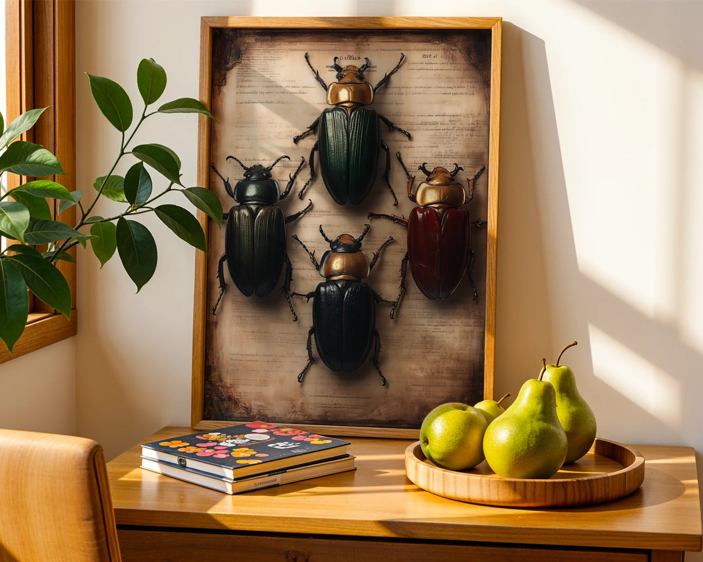 Entomology Art Dark Academia Beetle Manuscript Canvas Print — Victorian-inspired entomology canvas featuring five beetles over manuscript pages for gothic interior design