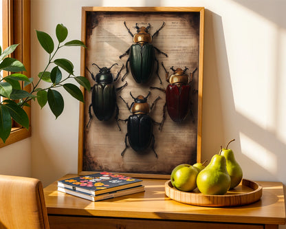 Entomology Art Dark Academia Beetle Manuscript Canvas Print — Victorian-inspired entomology canvas featuring five beetles over manuscript pages for gothic interior design