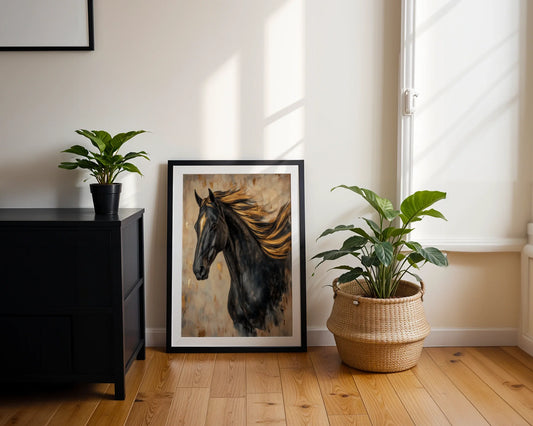 Black Horse Golden Mane Oil Painting Canvas Wall Art Cathedral — Minimalist artwork featuring powerful stallion with flowing mane for contemporary interior design