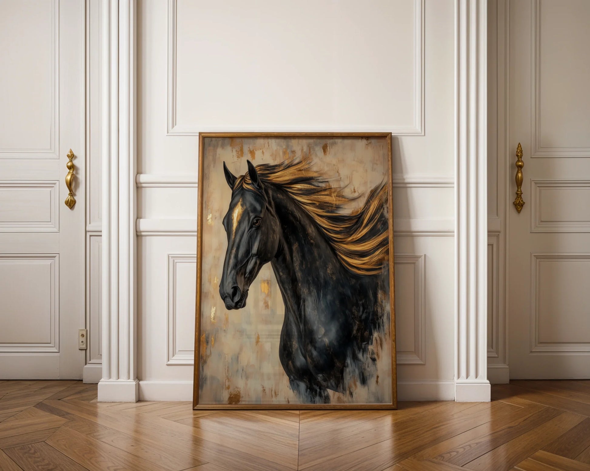 Black Horse Golden Mane Oil Painting Canvas Wall Art Cathedral — Sophisticated equestrian painting displayed on neutral wall for upscale home styling