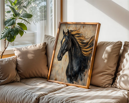 Black Horse Golden Mane Oil Painting Canvas Wall Art Cathedral — Abstract equine artwork with dramatic shadows perfect for industrial style interiors
