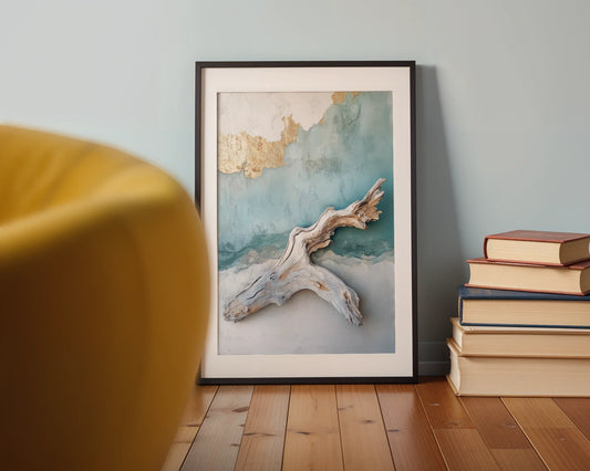 Driftwood Wall Art Ocean Plaster Coastal Canvas Wall Art — Relaxed seaside styling showcases floating timber elements for contemporary home decor aesthetic