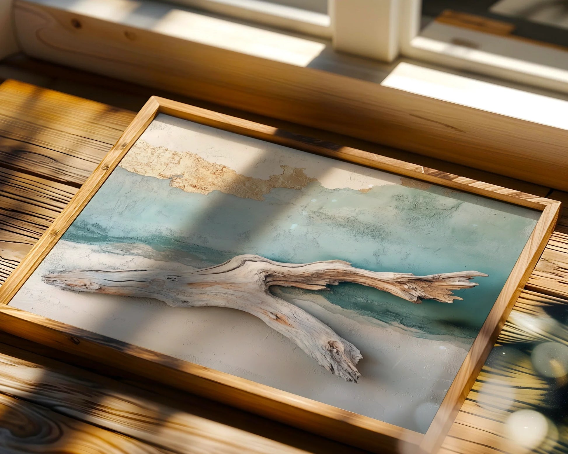 Driftwood Wall Art Ocean Plaster Coastal Canvas Wall Art — Mediterranean-inspired living features sun-bleached lumber against textured backdrop for serene interiors