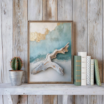 Driftwood Wall Art Ocean Plaster Coastal Canvas Wall Art — Sea-foam aqua tones blend with cream surfaces creating calming palette for tranquil home spaces