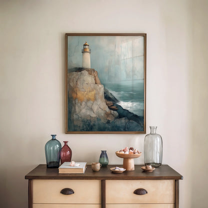 Coastal Lighthouse Storm Cliff Texture Canvas Wall Art — Vintage inspired Atlantic scene with lone beacon perched above churning waters for classic home decor