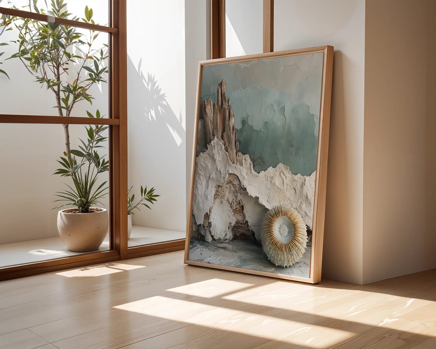 Coastal Erosion Driftwood Mineral Layers Canvas Wall Art — Contemporary seaside artwork showcasing weathered timber and crumbling cliffs in modern living space