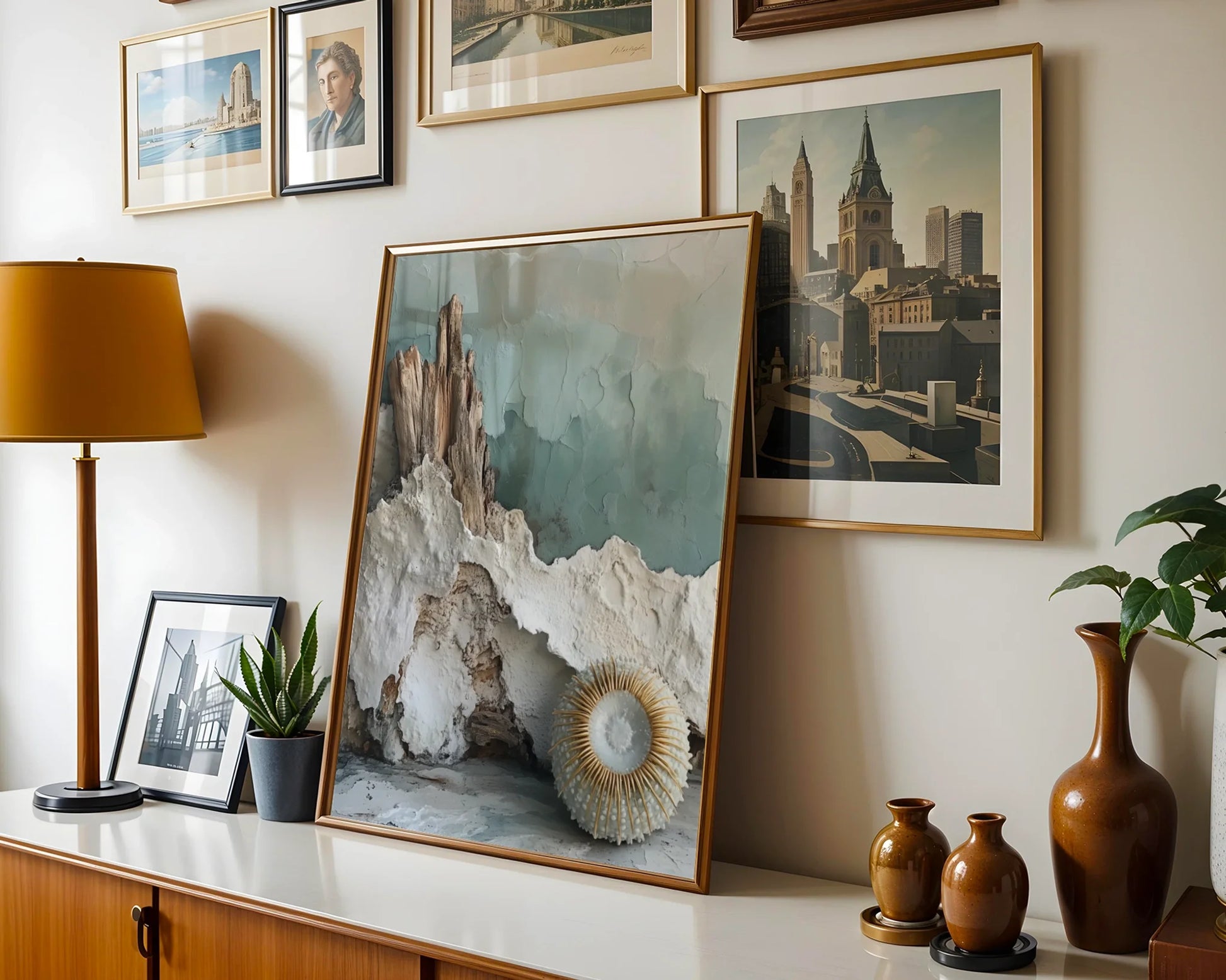 Coastal Erosion Driftwood Mineral Layers Canvas Wall Art — Maritime-themed wall art featuring ancient rock formations and sea-worn wood in neutral room setting