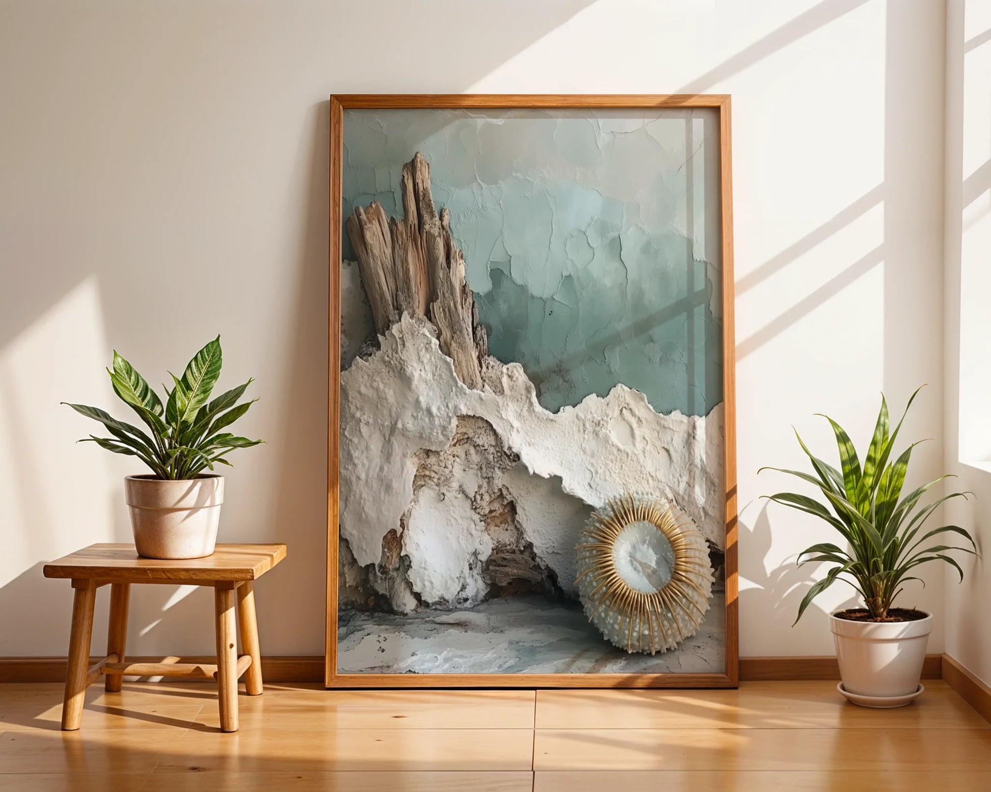 Coastal Erosion Driftwood Mineral Layers Canvas Wall Art — Scandinavian coastal print showing geological layers and sun-bleached branches for modern interiors