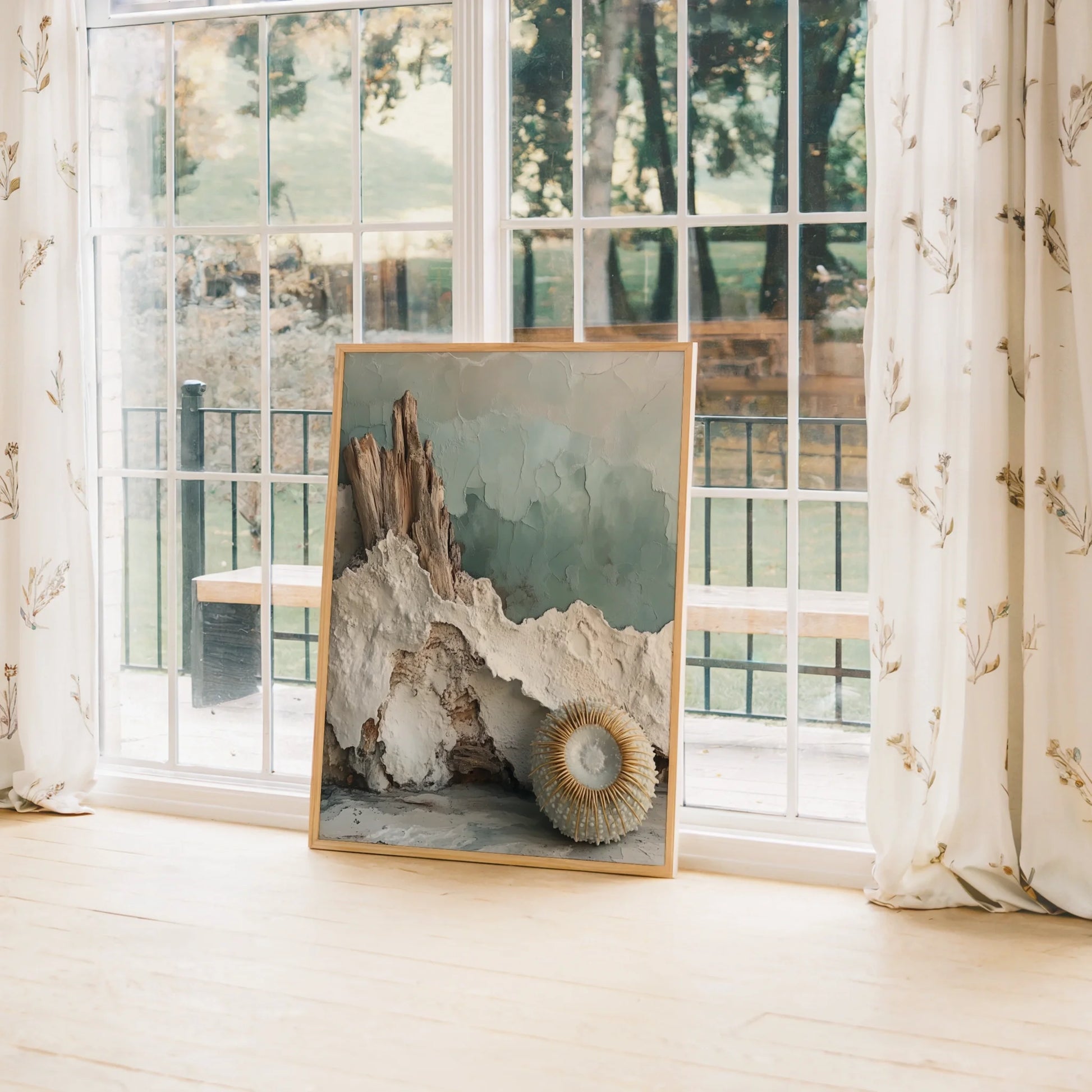 Coastal Erosion Driftwood Mineral Layers Canvas Wall Art — Natural beachscape canvas displaying weathered stones and salt-crusted surfaces in bright home decor