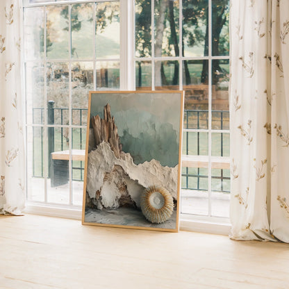 Coastal Erosion Driftwood Mineral Layers Canvas Wall Art — Natural beachscape canvas displaying weathered stones and salt-crusted surfaces in bright home decor