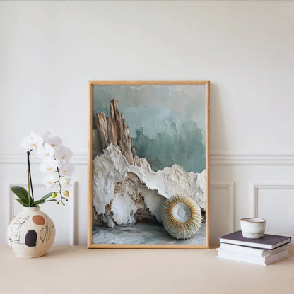 Coastal Erosion Driftwood Mineral Layers Canvas Wall Art — Sage green and cream artwork with rough barnacle textures displayed in minimalist room design