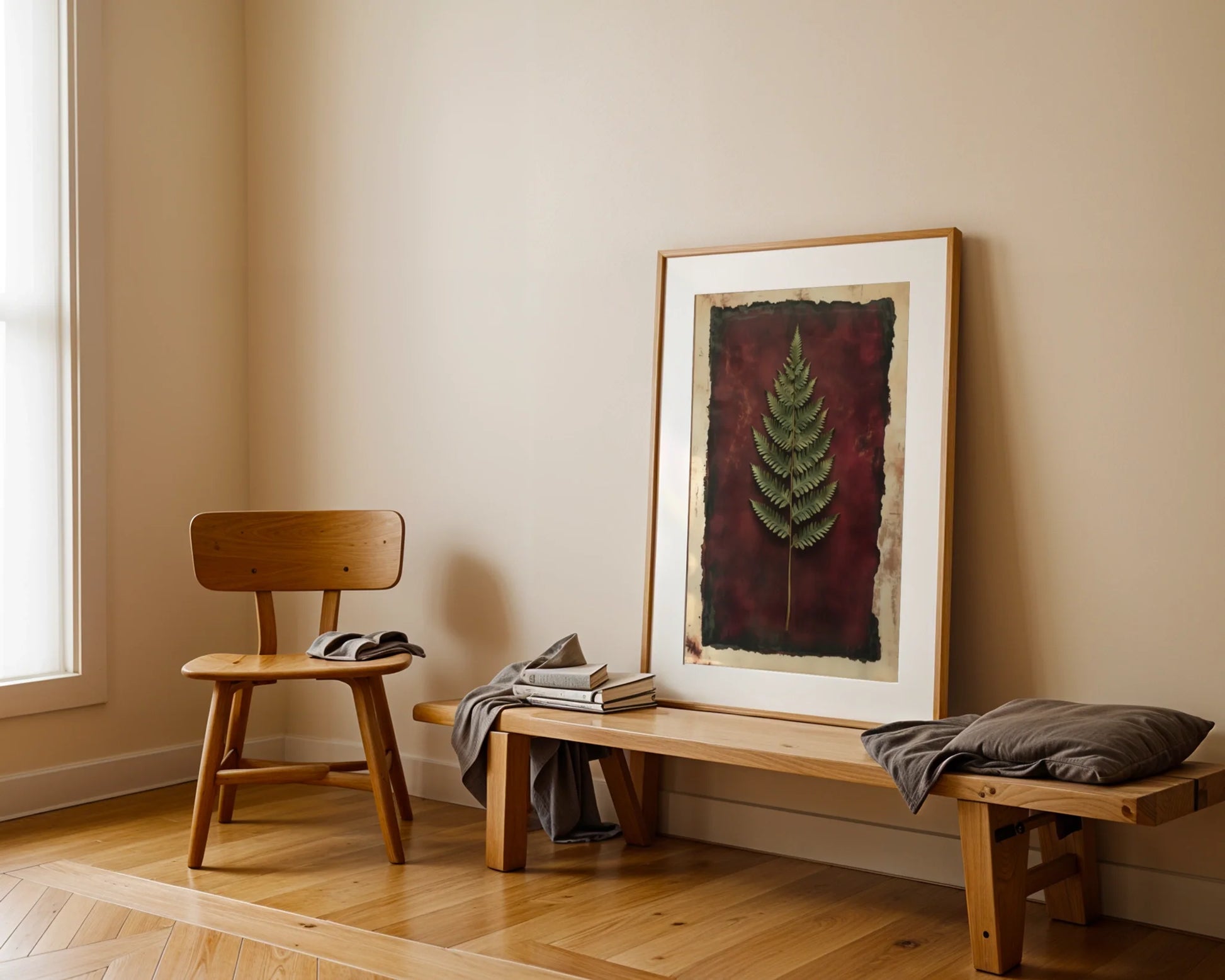 Botanical Fern Specimen Burgundy Dark Academia Canvas Wall Art — Scholarly canvas featuring antique leaf silhouette brings dark academia style to contemporary decor