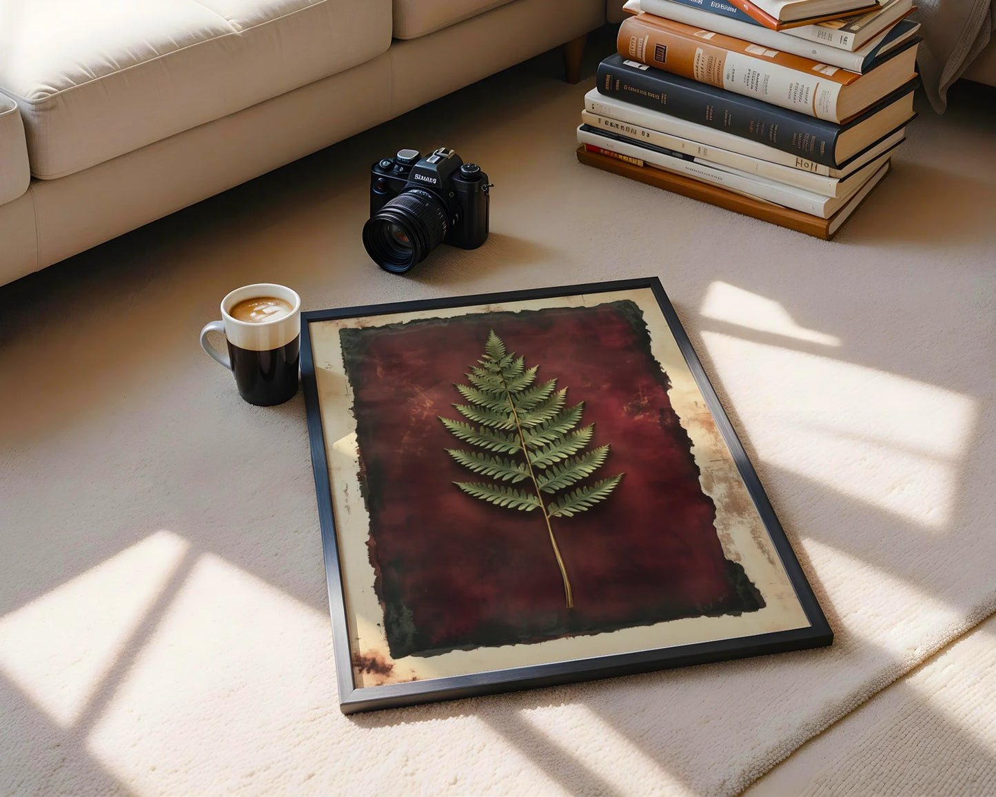 Botanical Fern Specimen Burgundy Dark Academia Canvas Wall Art — Dramatic plant specimen artwork showcases gothic botanical charm in minimalist bedroom setting