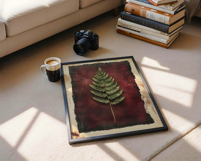 Botanical Fern Specimen Burgundy Dark Academia Canvas Wall Art — Dramatic plant specimen artwork showcases gothic botanical charm in minimalist bedroom setting