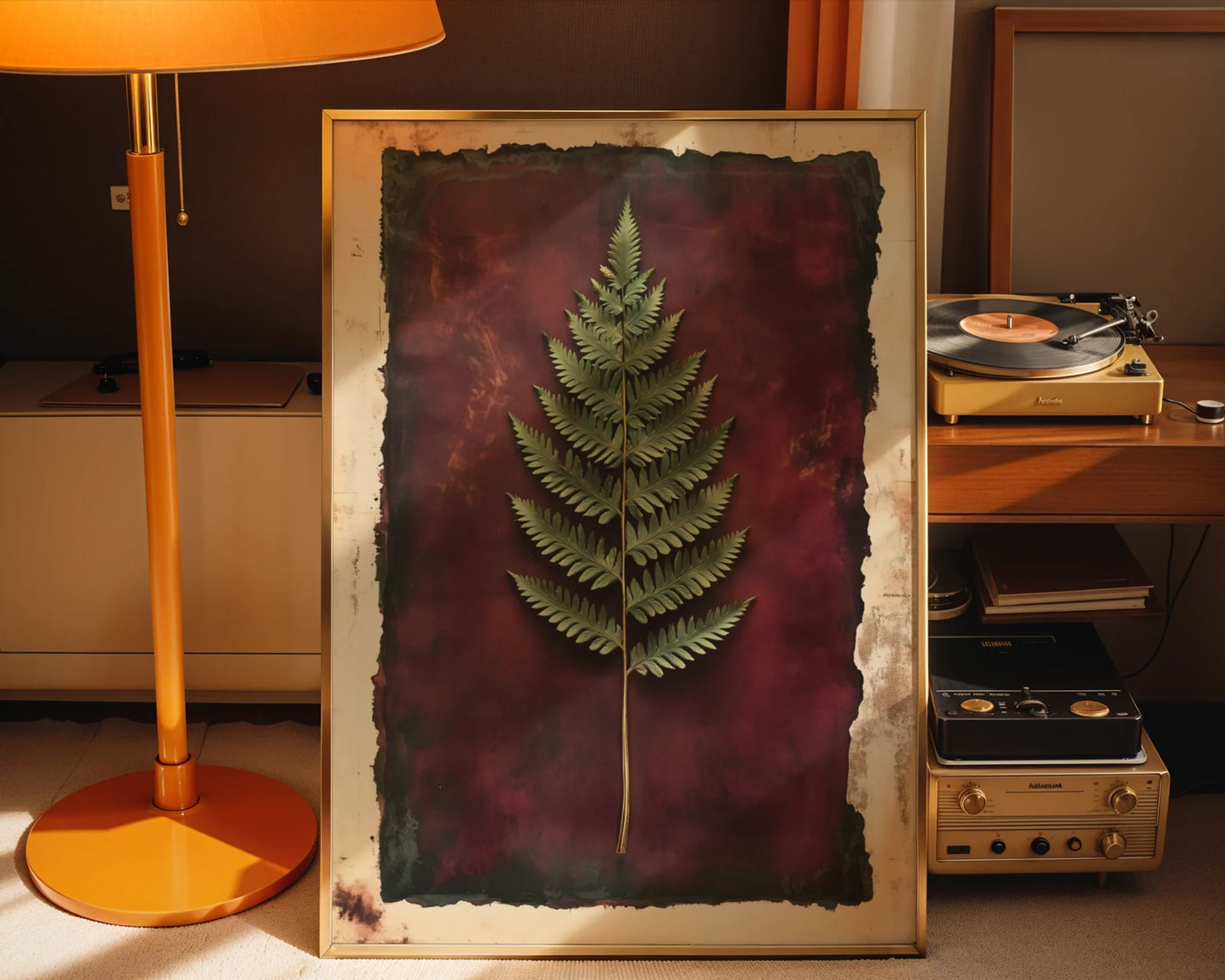 Botanical Fern Specimen Burgundy Dark Academia in room