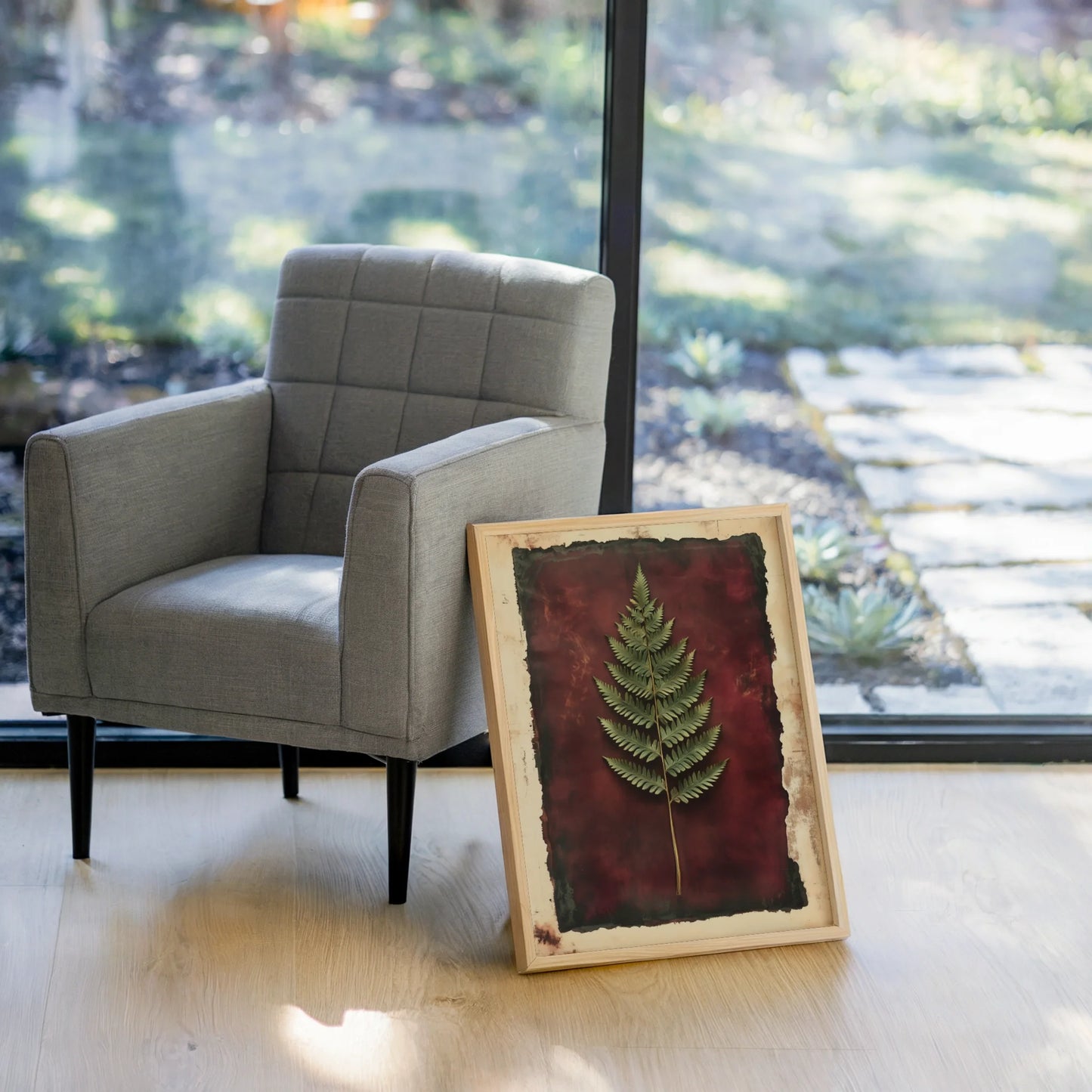 Botanical Fern Specimen Burgundy Dark Academia Canvas Wall Art — University-inspired herbarium canvas brings academic aesthetic prints to clean modern interiors
