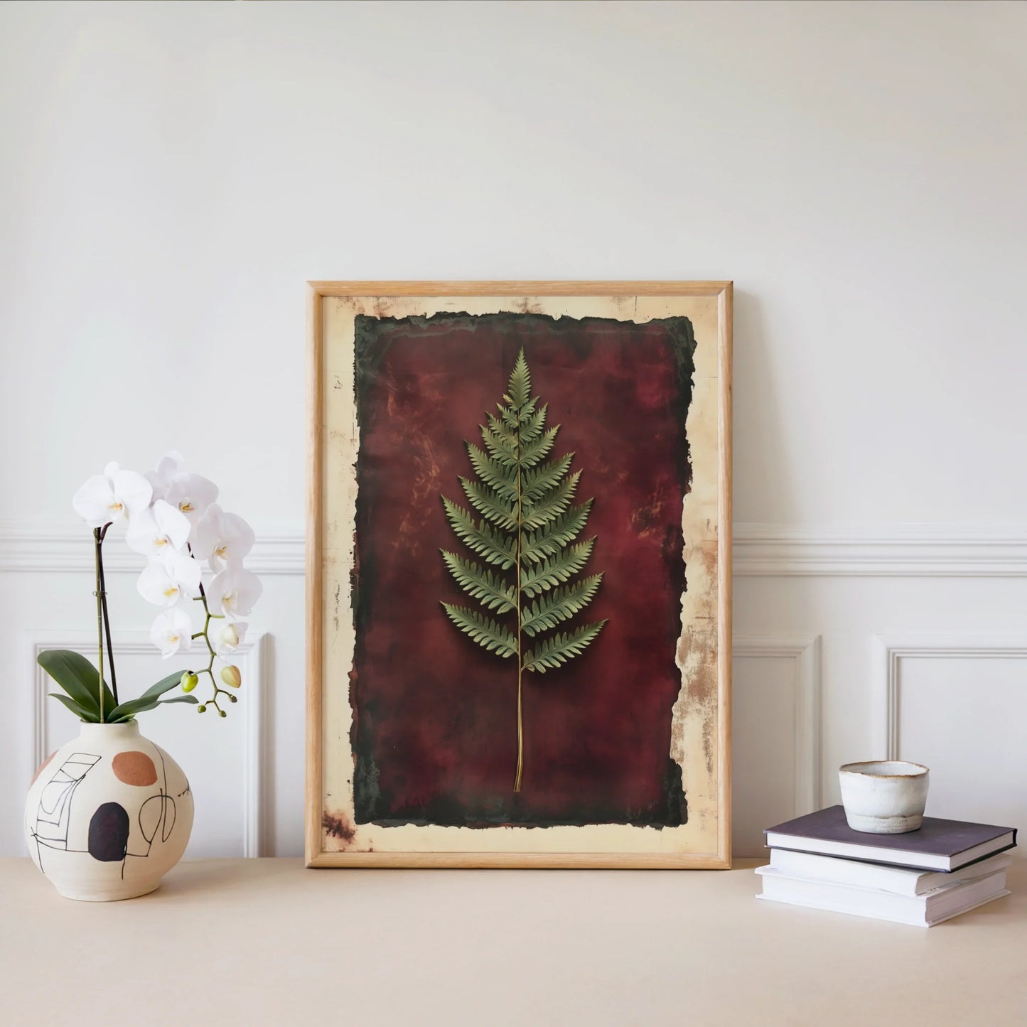 Botanical Fern Specimen Burgundy Dark Academia Canvas Wall Art — Deep crimson and olive tones blend on textured canvas showing delicate leaf impression artwork